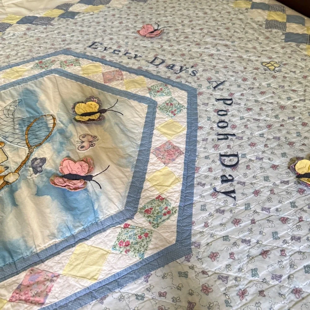 Vintage Classic Winnie the Pooh Twin Quilt Blanket Embroidered Butterfly